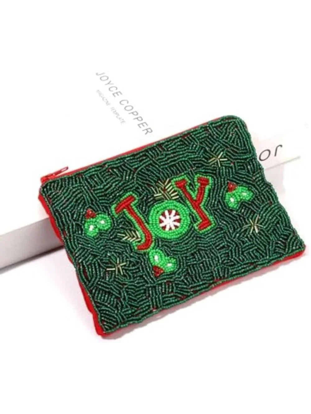 Handmade Christmas Coin Purse - Beaded Holly Jolly Wallet for Women, Zipper